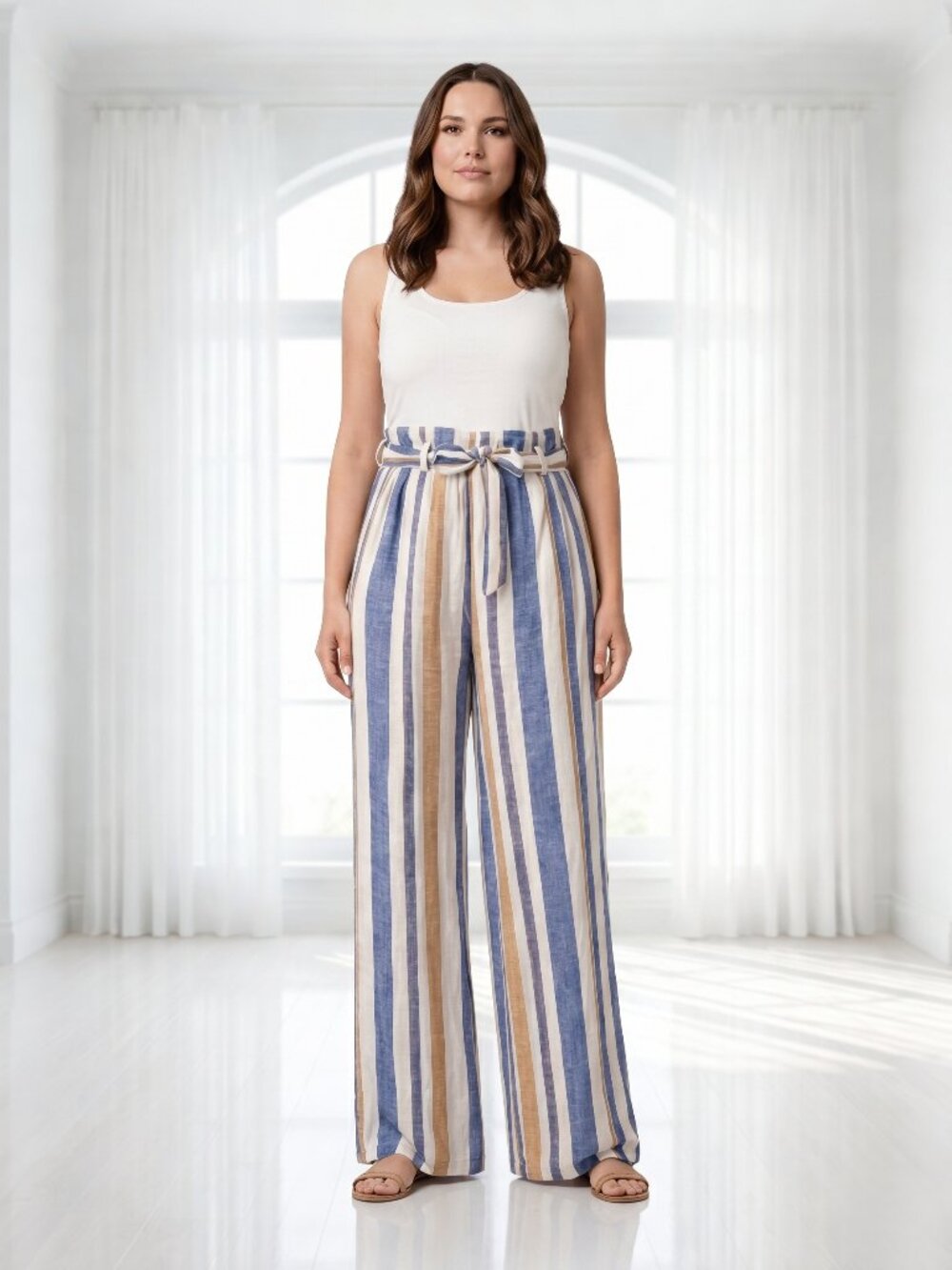 Indero Linen Blend Paperbag Waist Wide Leg Pants Large Striped Coastal Boho